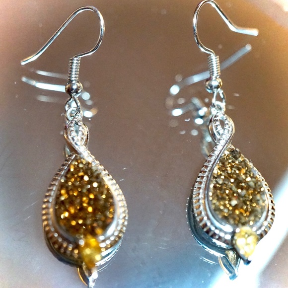 Golden Druzy & Citrine Sterling Silver Earrings - Picture 6 of 9